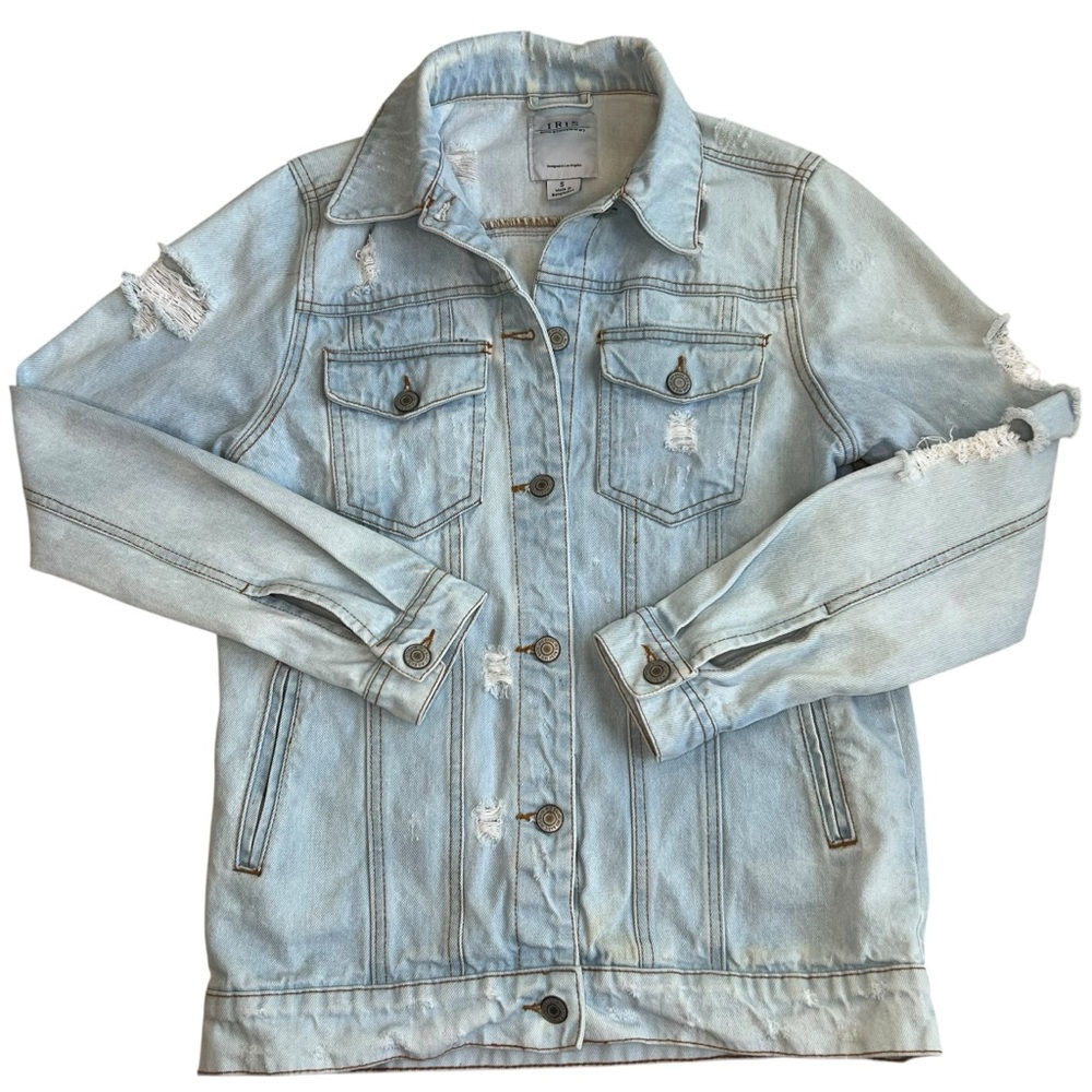 Iris Distressed Light Blue Denim Jacket Womens Small Y2K Grunge Biker Oversize